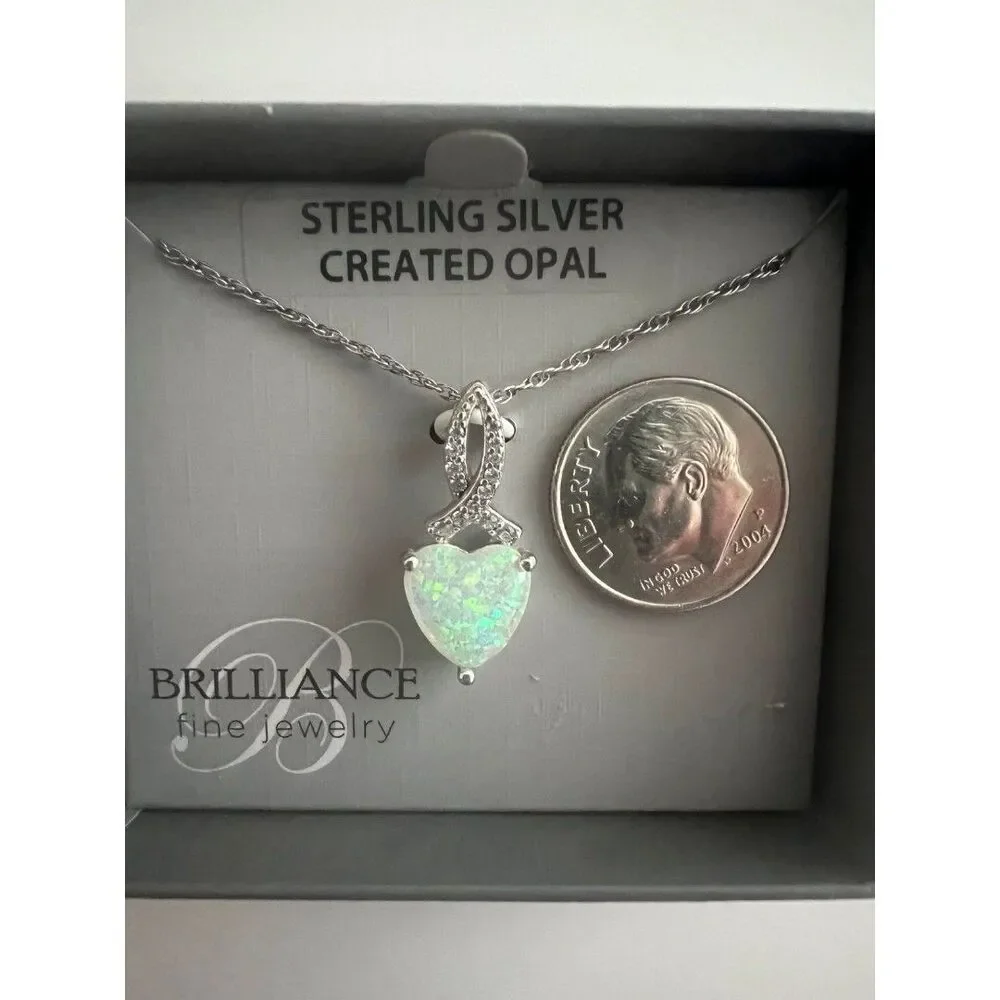 Necklace heart pendant with lab created opal sterling silver with crystals New